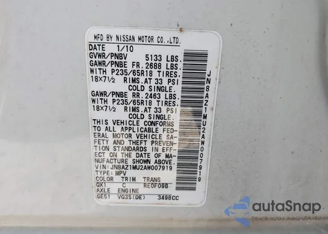 2010 Nissan Murano Sl z USA, uszkodzony, nr VIN JN8AZ1MU2AW007919